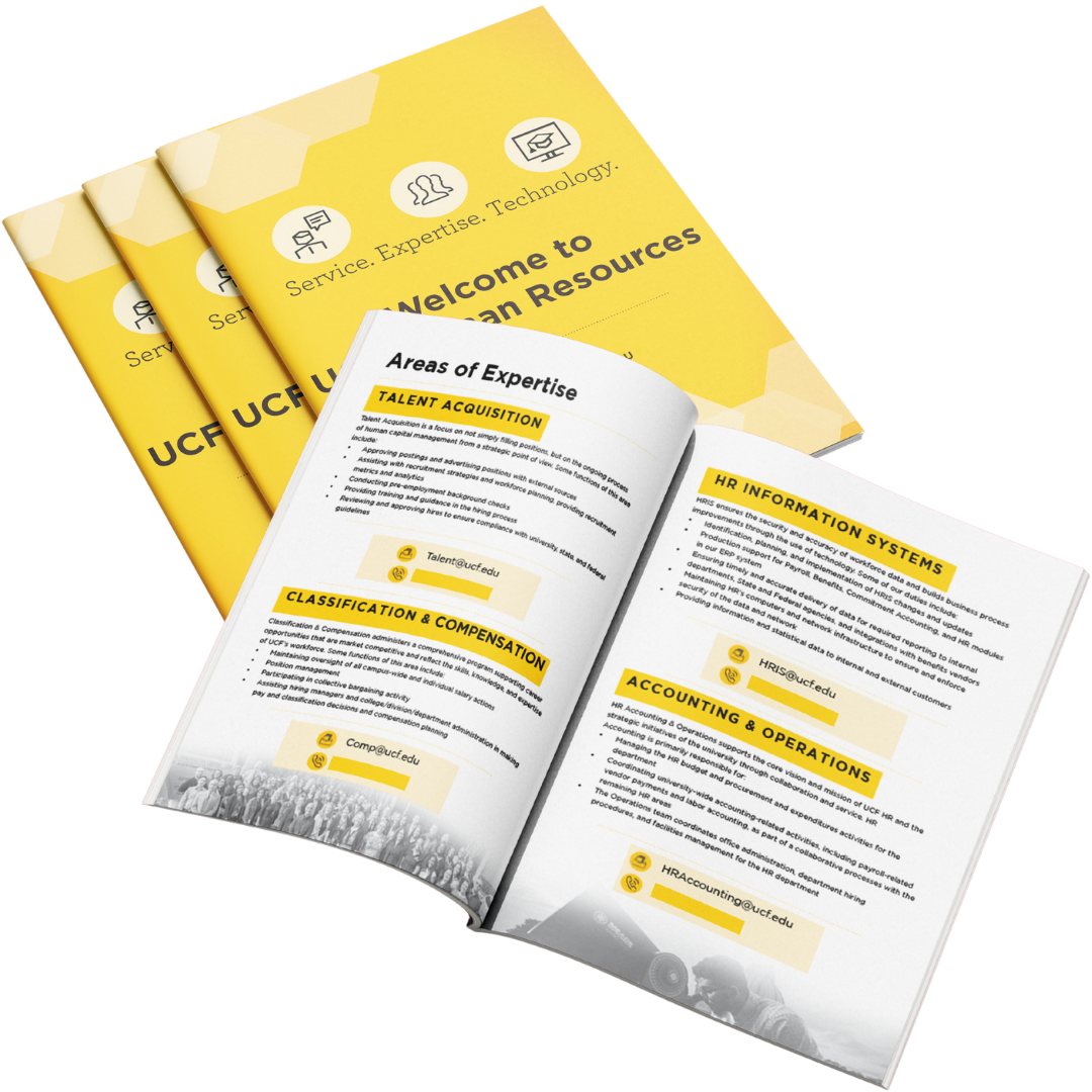 Three brochures titled 'Welcome to Human Resources' with a yellow cover featuring hexagonal patterns, stacked with one open to display sections on areas of expertise, including talent acquisition, classification & compensation, and HR information systems.