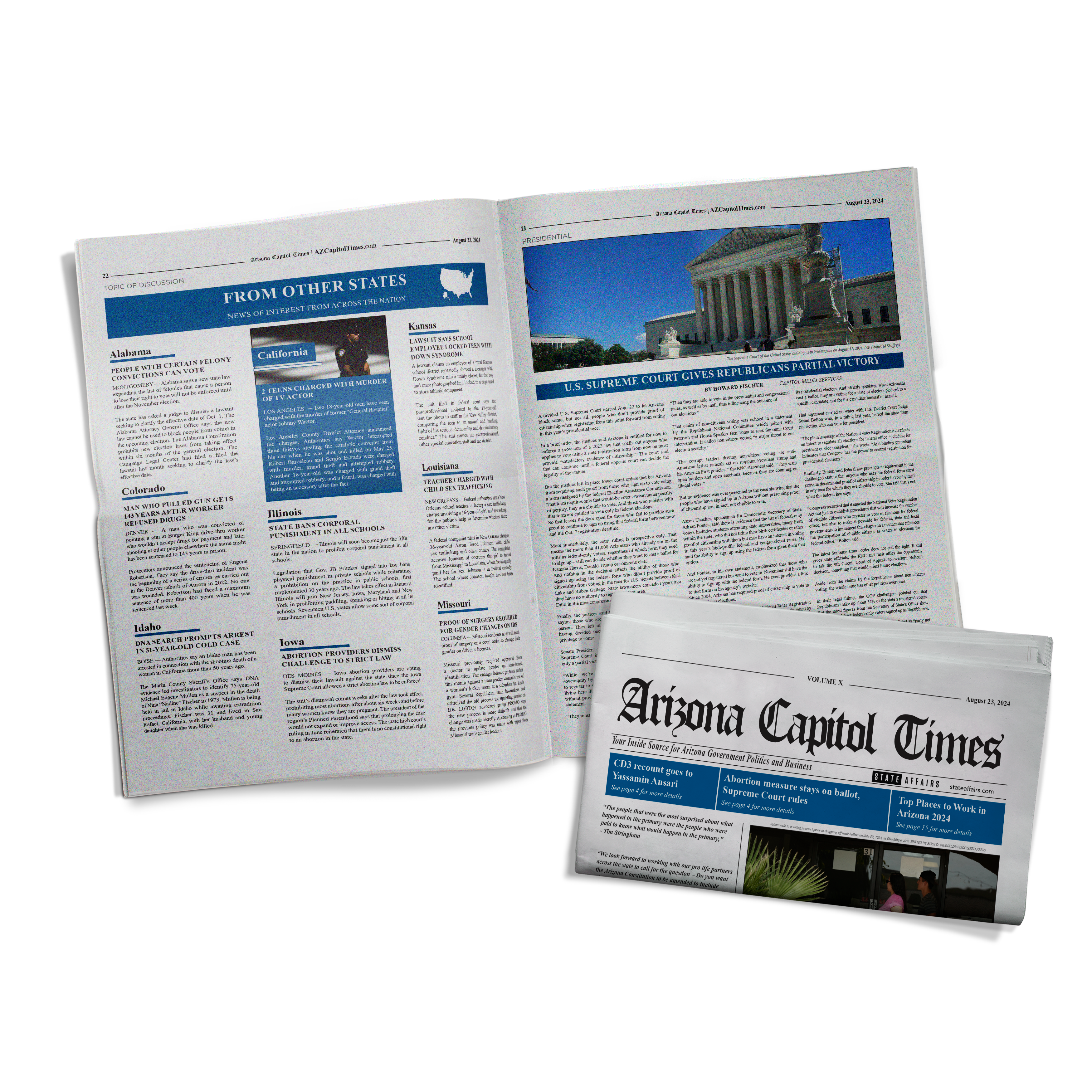 An open newspaper featuring articles from various U.S. states, with a prominent headline about the U.S. Supreme Court, alongside a folded copy of the Arizona Capitol Times.