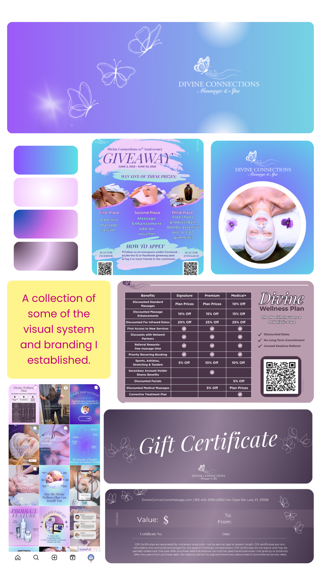 Promotional graphic for Divine Connections Massage & Spa featuring a giveaway announcement with prizes, branding elements, and a gift certificate layout.