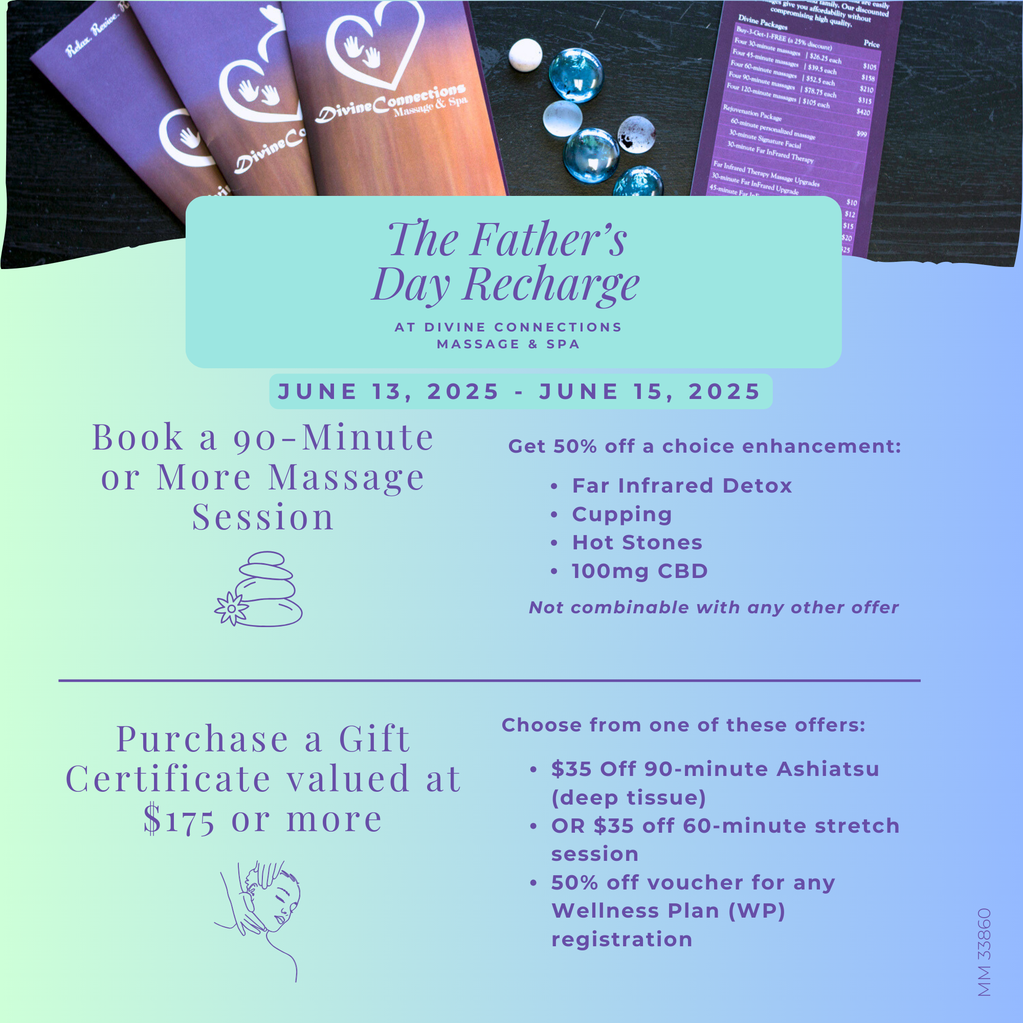 Promotional flyer for the Father's Day Recharge event at Divine Connections Massage & Spa, offering discounts on massage sessions and gift certificates.